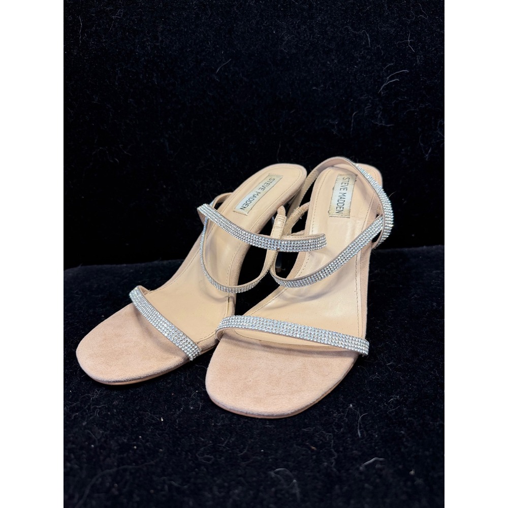 Steve Madden Snappy Rhinestone Lucite Heel Sandals Tan Suede Crystal Strappy 9M